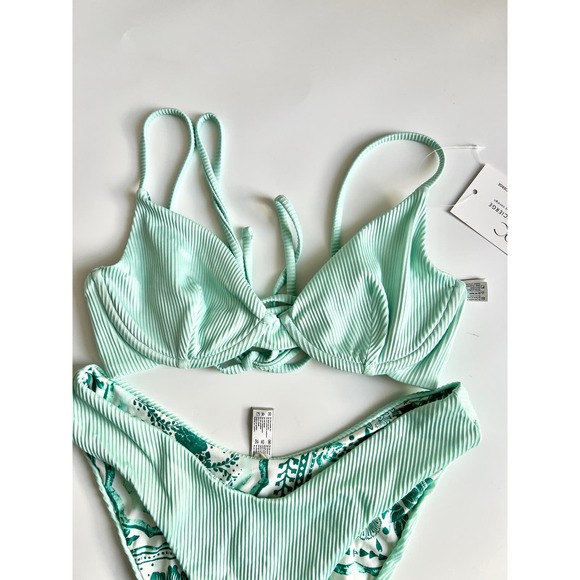 NWOT Maaji Bikini Top & Bikini Bottom Reversible Printed Rib Teal Green Women S - Picture 3 of 7